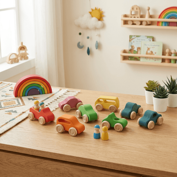 Row of colourful wooden Montessori push cars and peg dolls in a bright play space