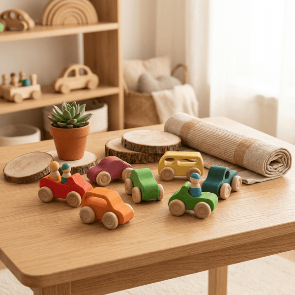 Montessori wooden cars in red, green, blue and yellow with peg dolls on a wooden table